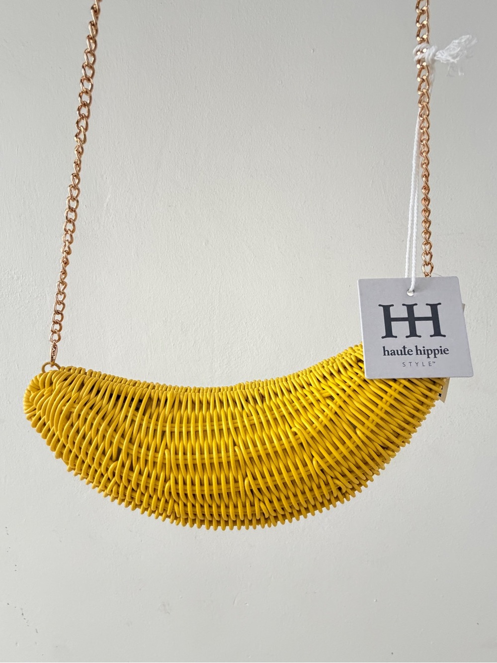 Haute Hippie Yellow Woven Banana-Shaped Crossbody with Fruit-Print Lining
